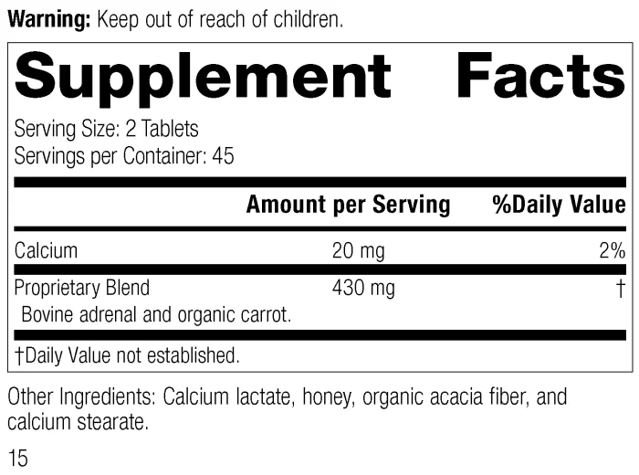 Adrenal Desiccated supplement facts label